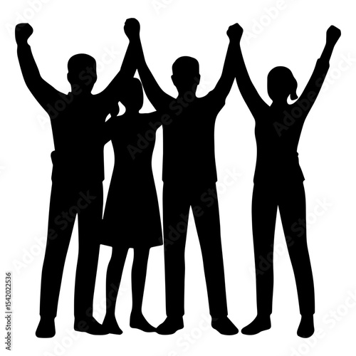 Silhouette of group people celebrating success teamwork unity achievement hands up victory community together