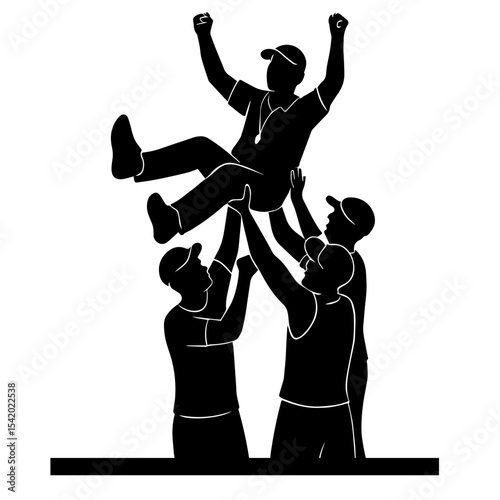 Celebrating team lifting coach vector illustration for sports achievement and victory design element concept