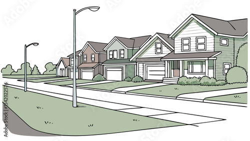 Illustration of a suburban street with houses, sidewalks, lawns and streetlights in a neighborhood