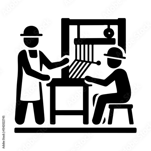 Weaving loom textile production craft industry artisan workers loom machine manufacturing process icon
