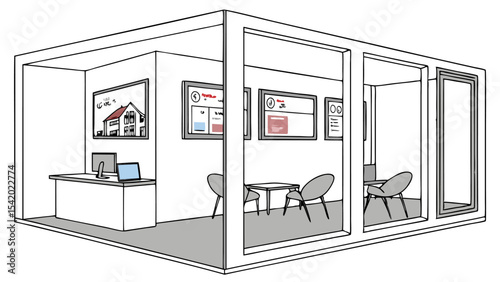 Isometric view of a modern office space with desks chairs and wall mounted displays in a modular structure