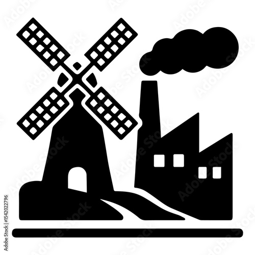 Windmill and factory vector illustration black and white clip art for graphic design and web design use
