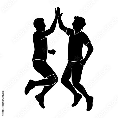 High five silhouette vector illustration of two people jumping and celebrating success teamwork concept