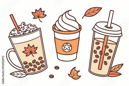 Cute vector of pumpkin latte, iced coffee, and bubble tea in autumn style