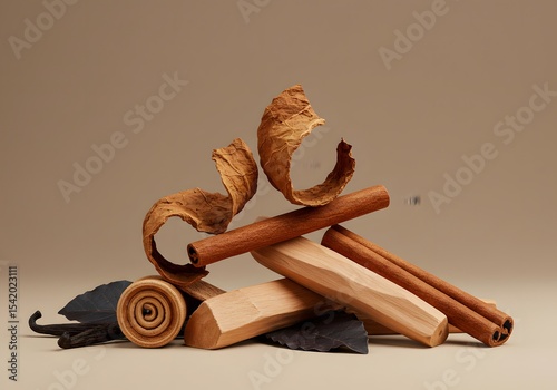 An artful display of aromatic vanilla beans, cinnamon sticks, and sandalwood chips, A fragrant composition of natural elements on a minimalist backdrop