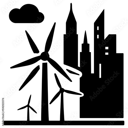 Wind turbine energy renewable power city skyline silhouette vector illustration graphic design resource