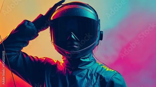 Woman fencer in mask. Sportswoman with saber. Fighting cyber world for digital data. Future innovative technology concept footage.