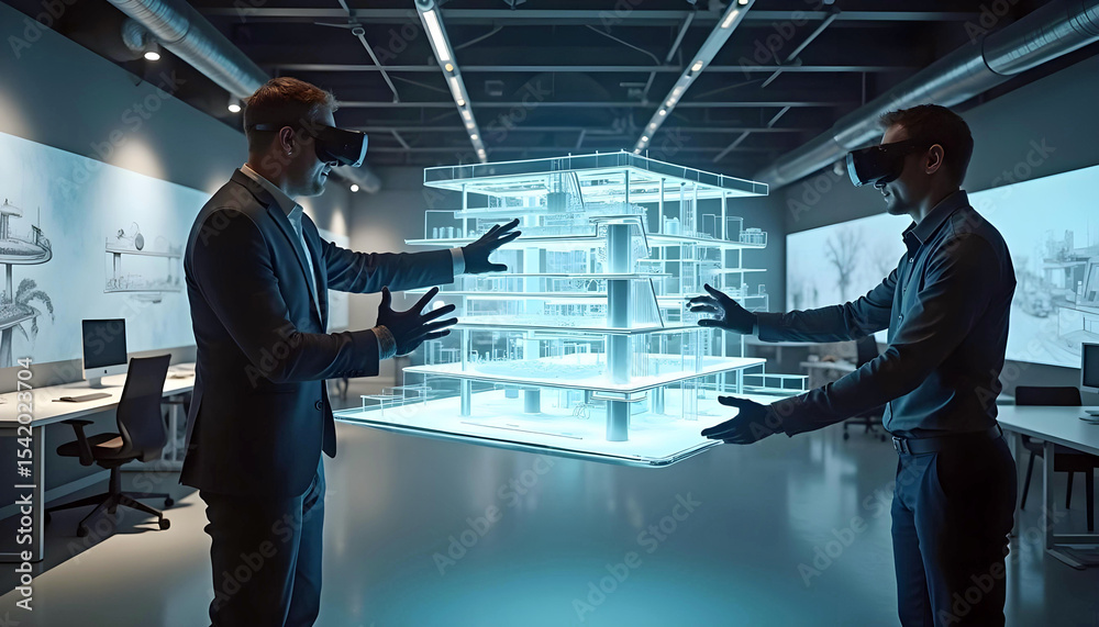 Fototapeta premium Architect exploring mixed‑reality 3D architectural model with VR headset