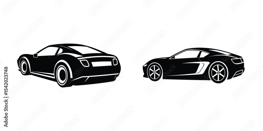 Naklejka premium Dynamic Silhouette of a Sleek Sports Car Racing in Three-Quarter Rear View on White Background