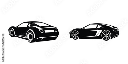 Dynamic Silhouette of a Sleek Sports Car Racing in Three-Quarter Rear View on White Background