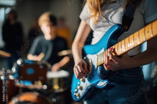 Young musicians playing electric guitar and drums in a band rehearsal. Music practice and performance concept.