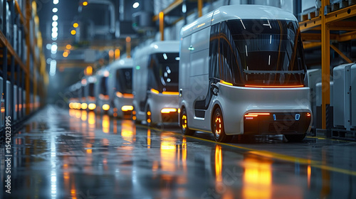 Autonomous delivery vans line up in warehouse with glowing lights