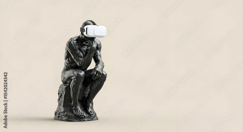 Fototapeta premium Rodin’s “Thinker” statue in VR headset for philosophical virtual experience