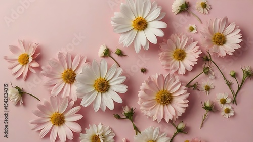 Delicate pink and white daisies arranged artfully on a pastel pink background.