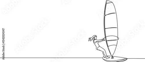 continuous single line drawing of woman windsurfing, line art vector illustration