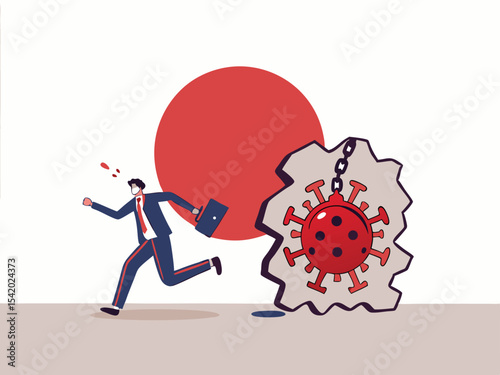 Virus disease outbreak protection failure, COVID-19 virus destroy and break the wall into Japan concept, wrecking ball as COVID-19 pathogen destroy and demolish Japan flag wall, business man run away.