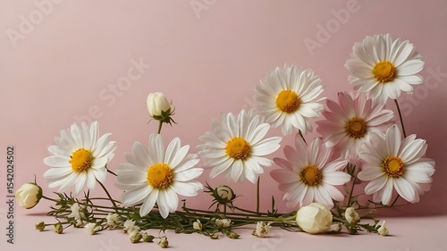 Delicate white daisies arranged artfully on a soft pink background.