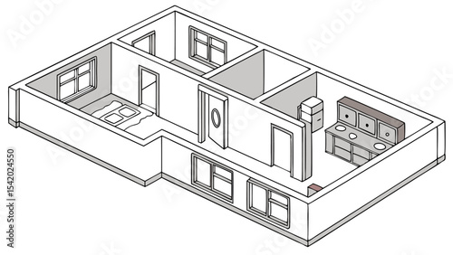 Isometric view of a house floor plan with multiple rooms windows doors and kitchen appliances shown in detail