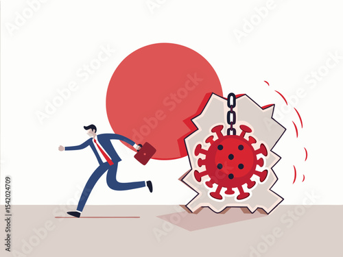 Virus disease outbreak protection failure, COVID-19 virus destroy and break the wall into Japan concept, wrecking ball as COVID-19 pathogen destroy and demolish Japan flag wall, business man run away.