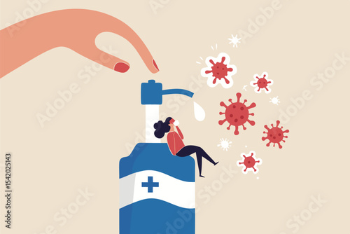 Wash hands to protect from COVID-19 Coronavirus infection outbreak concept, woman sit on huge sanitizer soap or alcohol gel to wash her hands with help of big hands, COVID-19 virus pathogen around