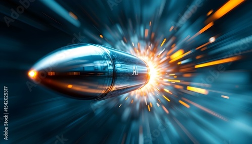 AI-stamped bullet exploding with sparks and futuristic motion blur