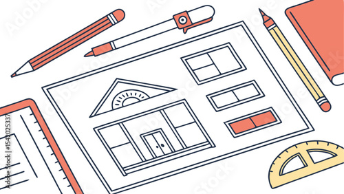 Architectural blueprint with pencils, ruler, and other drafting tools scattered around the design sheet