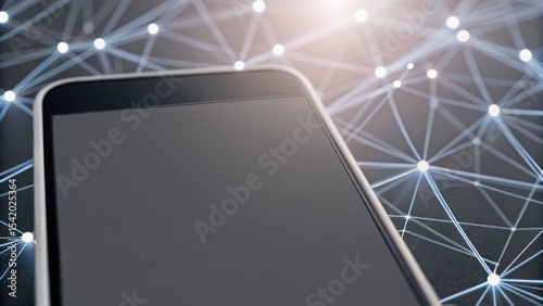 Smartphone close-up with a network of interconnected dots in the background, symbolizing technology and connectivity.