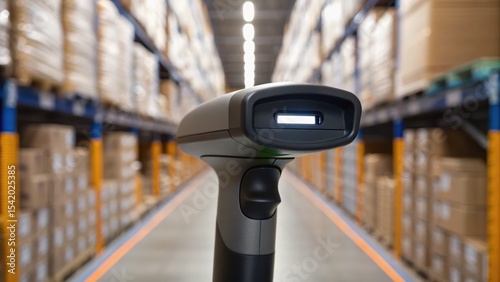 A barcode scanner is focused in a warehouse aisle filled with stacked boxes, emphasizing logistics and inventory management.