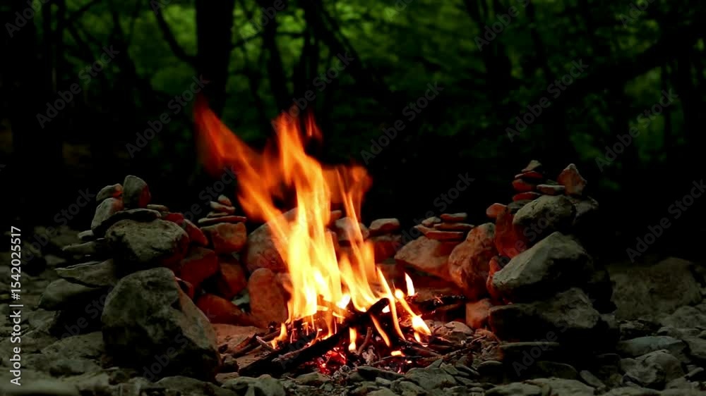 Campfire surrounded by stacked stones in a lush green forest during twilight, creating a cozy atmosphere Campfire surrounded by stacked stones in a lush green forest during twilight, creating a cozy atmosphere
