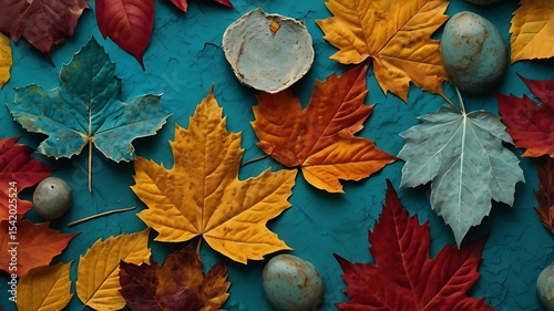Vibrant autumn leaves in various shades of red, orange, and yellow, scattered on a teal-colored surface, with small, textured objects interspersed.