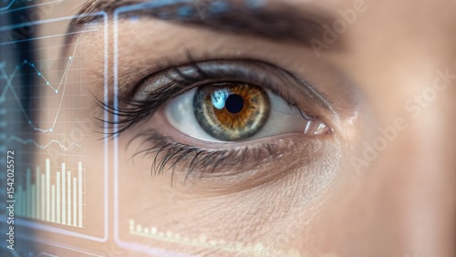 Close-up of a human eye with digital overlays, symbolizing technology and data analysis.