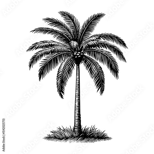 palm tree engraving black and white outline. Scratch board imitation.