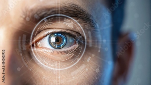 A close-up of a human eye with digital overlays, suggesting themes of technology and biometric scanning.