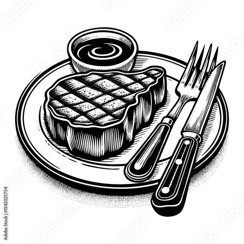 Steak with sauce on plate engraving black and white outline. Scratch board imitation.  illustrated in vintage line art style on a white background.