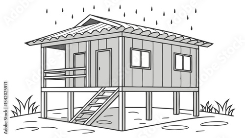 Illustration of a stilt house with a corrugated roof during a rain shower with grass and puddles visible