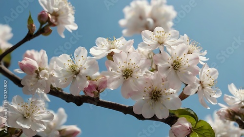 Close-up of delicate white blossoms on branches against a clear blue sky.