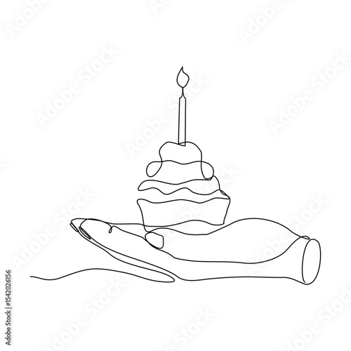 Continuous line of people hand holding creamy sweet birthday cake with candle and topping. Traditional birthday bakery dessert for party. Editable stroke sketch drawing vector illustration