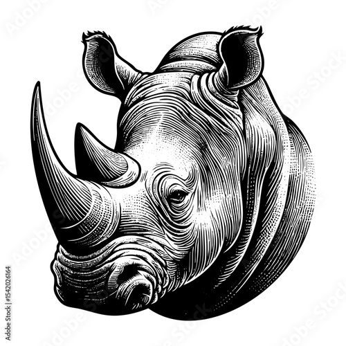 Rhino engraving black and white outline. Scratch board imitation.  illustrated in vintage line art style on a white background.