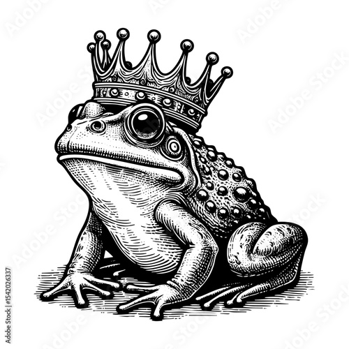 Frog wear crown sketch engraving black and white outline. Scratch board imitation.