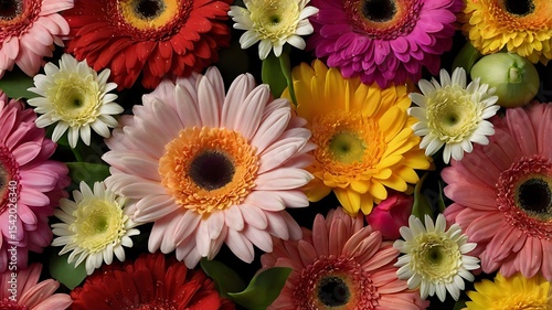 Close-up view of vibrant gerbera daisies in various colors, a floral arrangement.