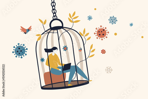 Social distancing, self quarantine and isolation for traveller or person having symptoms on COVID-19 coronavirus flu concept, woman working at home in bird cage pathogens as COVID-19 virus pandemic.