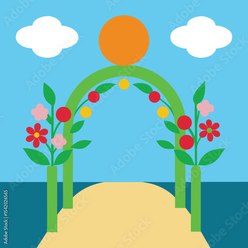 Springtime garden illustration with archway flowers and sun against a blue sky