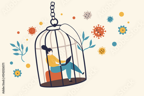 Social distancing, self quarantine and isolation for traveller or person having symptoms on COVID-19 coronavirus flu concept, woman working at home in bird cage pathogens as COVID-19 virus pandemic.