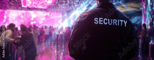 The security guard overseeing a vibrant nightlife scene at a busy nightclub.