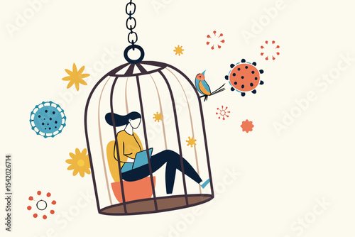 Social distancing, self quarantine and isolation for traveller or person having symptoms on COVID-19 coronavirus flu concept, woman working at home in bird cage pathogens as COVID-19 virus pandemic.