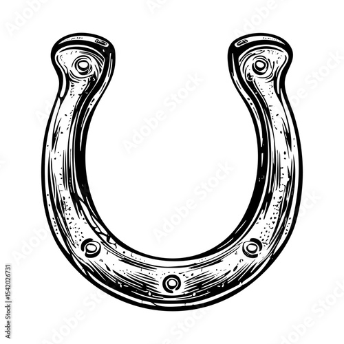 Horseshoe sketch engraving black and white outline. Scratch board imitation.  illustrated in vintage line art style on a white background.