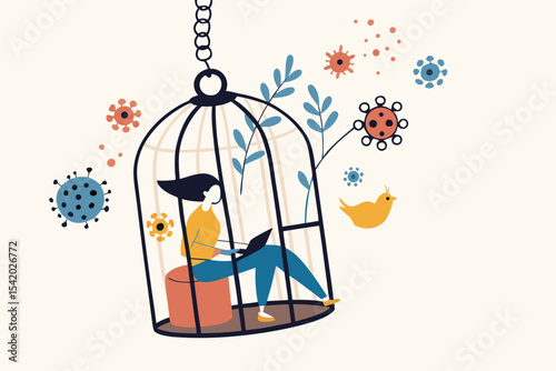 Social distancing, self quarantine and isolation for traveller or person having symptoms on COVID-19 coronavirus flu concept, woman working at home in bird cage pathogens as COVID-19 virus pandemic.