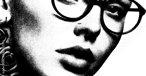 Confident female face with glasses and snake bite lip piercing