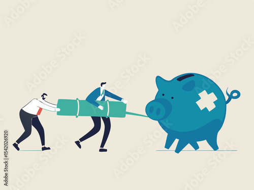 Economic stimulus, QE Quantitative Easing, monetary policy in economic in financial crisis or economic recession, Businessman central bank carrying syringe of money medicine to inject broke piggy bank