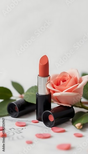 Lipstick tube with cap off, next to a peach rose and scattered petals on a white surface.
